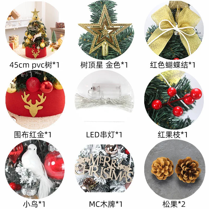 45/60cm Mini Christmas Tree With Lights DIY Desktop Golden Red Christmas Decorations 2024 New Year Home Party Windows Ornaments