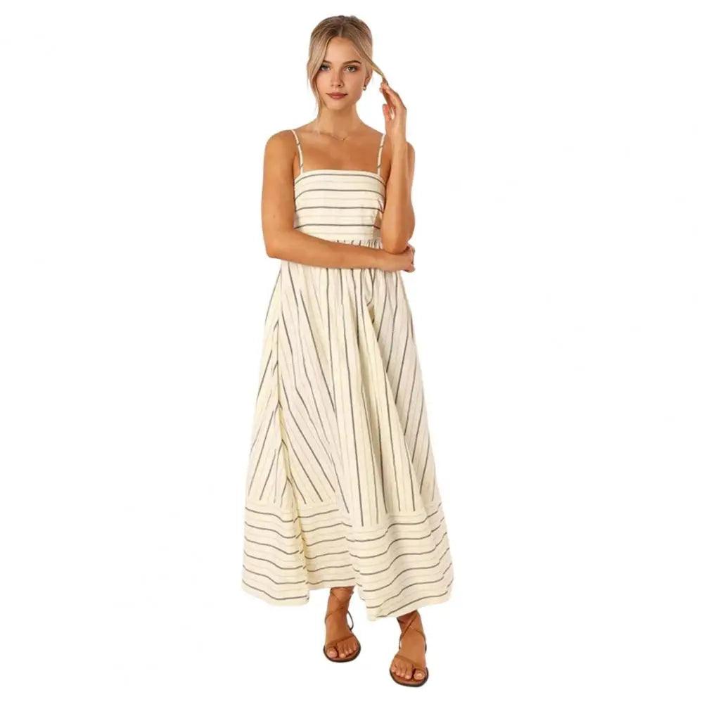 Chic Striped Backless Maxi Sundress with A-line Silhouette for Summer Beach Getaways - Trendy Mix