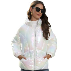 Women Winter Shiny Parkas Hooded Puffy Bread Jacket Ladies Purple Blue Colorful Cotton Coat Warm Loose Parkas Streetwear S-XXL