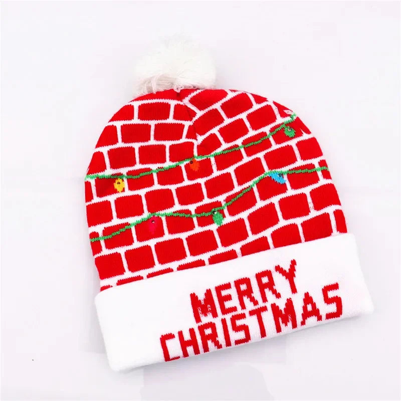 2025 Christmas Hat Santa Claus Hat LED Illuminated Cartoon Pattern Christmas Decorative Knitted Brimless Hat New Year Gift