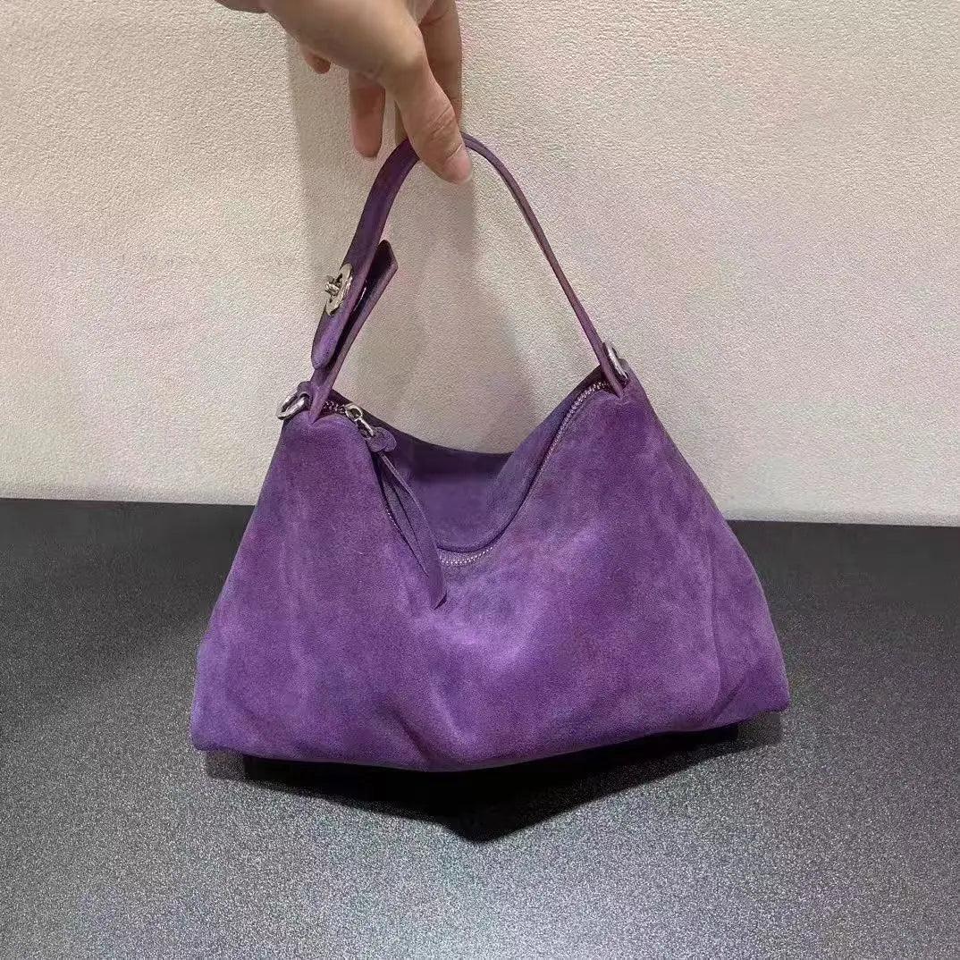 High-End Purple Suede Hobo Tote – Genuine Leather Shoulder & Crossbody Bag