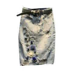 High Waist Slit Mid-Length Skirt 2024 Summer New Exquisite Flowers Embroidered Sheath Skirts Street Style Denim Skirt for Women - Trendy Mix