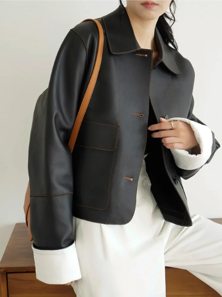 Vintage Luxe: Retro Short Leather Jacket with Chic Collar