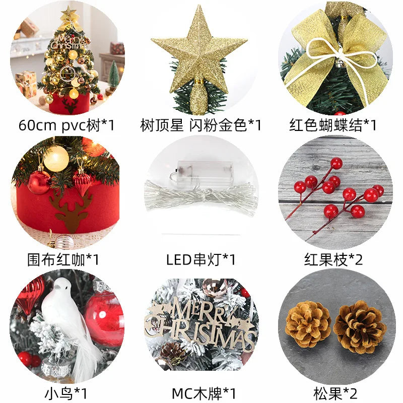 45/60cm Mini Christmas Tree With Lights DIY Desktop Golden Red Christmas Decorations 2024 New Year Home Party Windows Ornaments