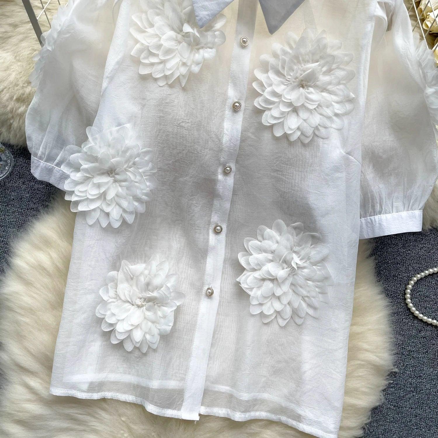 2024 French Chic 3D Flower Blouse - Trendy Mix