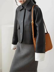 Vintage Luxe: Retro Short Leather Jacket with Chic Collar