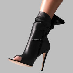 Autumn Open-Toe Genuine Leather Short Boots Pointed Toe Stiletto Heel Bow Side Zipper Fashion Boots Party Banquet Women'S Boots