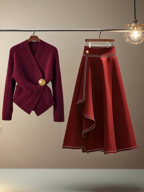 Red Knitted Sweater & Long Skirt Set