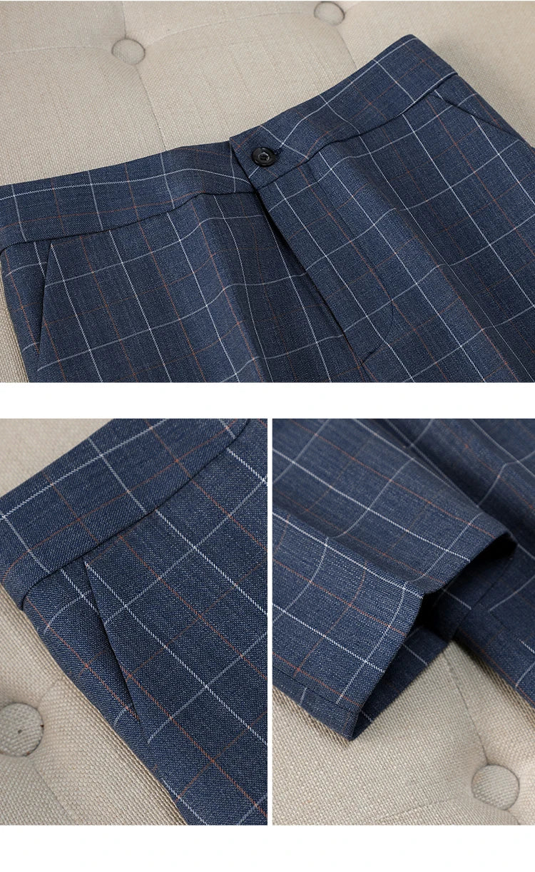 Elegant Office Suits for Women Long Sleeve Plaid Lapel Single Button Pockets Slim Pant New Pattern