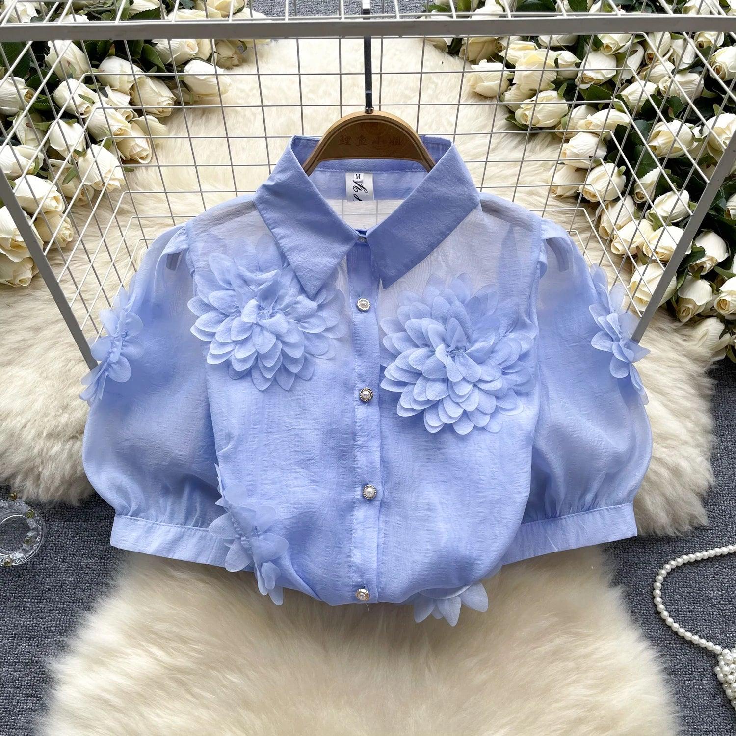 2024 French Chic 3D Flower Blouse - Trendy Mix