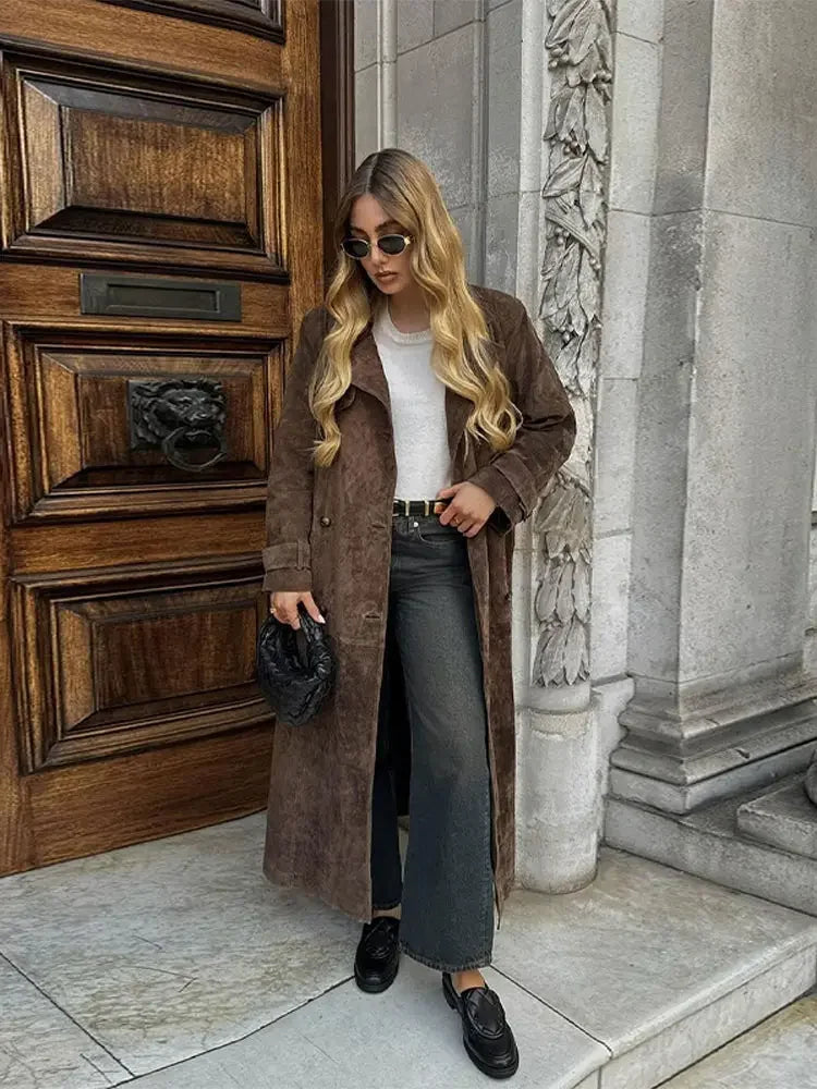 Women Khaki Faux Leather Long Coat With Belt Fashion Double-breasted Lapel Oversize Overcoat Autumn