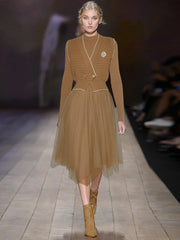 Winter Fashion Runway Brown Vintage Knitting Skirt Set Women O Neck Top+V Neck Brooch Coat+Long Mesh Skirt 3 Pieces Set