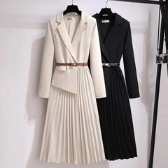 Fashion Woman Lapel Suit Fake Two-piece Dress +Belt High Quality Office Lady Long Vintage Pleated Vestidos 2024 Elegant Korean