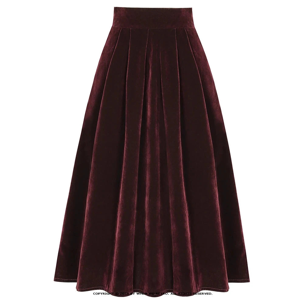 Korean Solid Color Velvet Skirts High Waist Women's Autumn Winter Skirts Pockets Side A Line Pleated Skirts