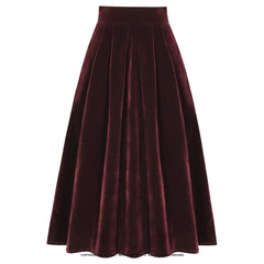 Korean Solid Color Velvet Skirts High Waist Women's Autumn Winter Skirts Pockets Side A Line Pleated Skirts