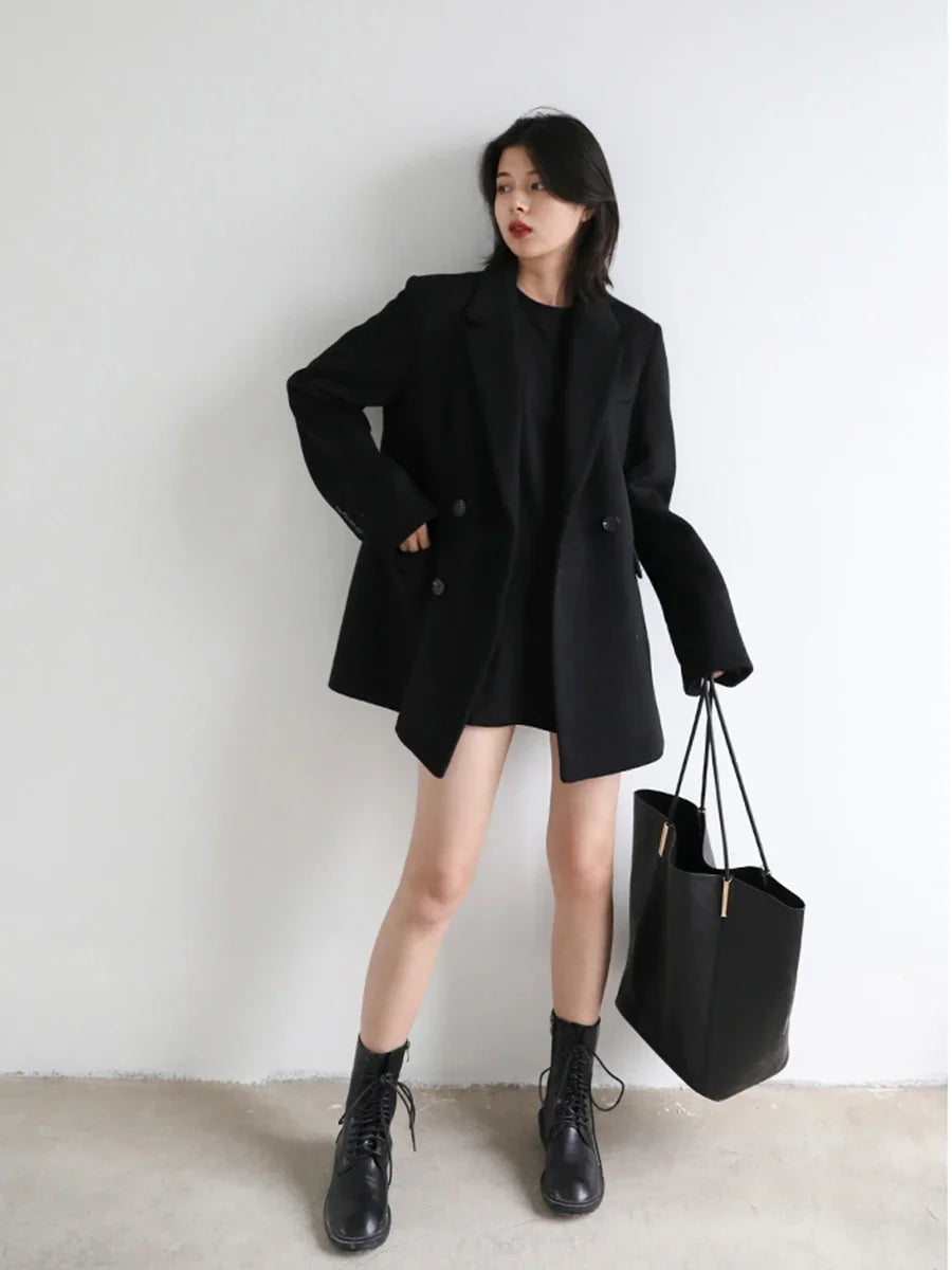 Chic Ven: 2024 Mid-Length Wool Blend Blazer Coat