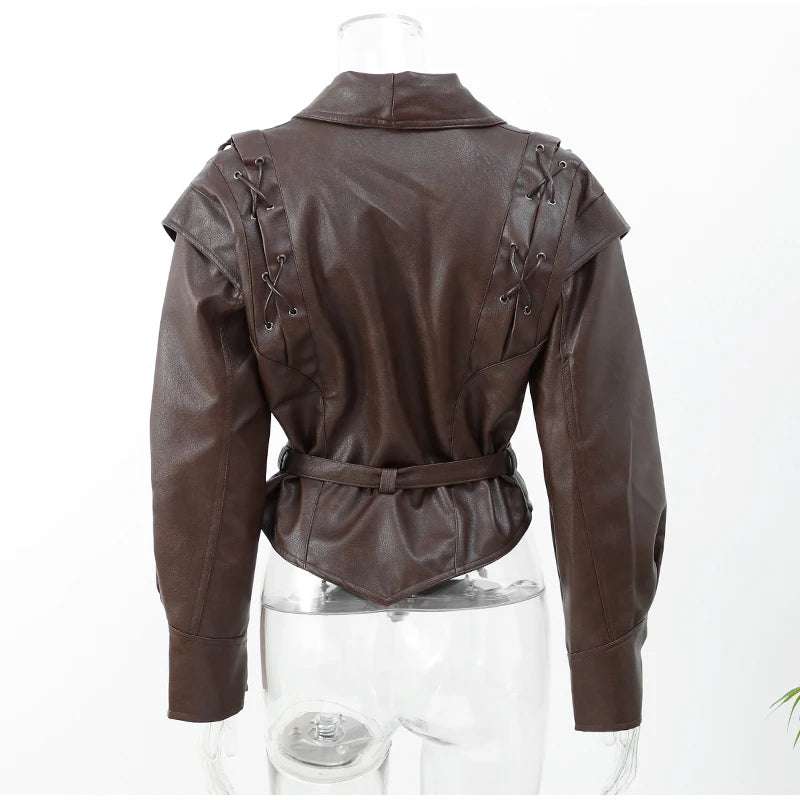 2024 Lace-Up Lapel Leather Jacket with Pockets