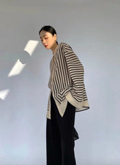 Early Autumn 2024 New Stripe Printing Silk Loose Shirt - Trendy Mix