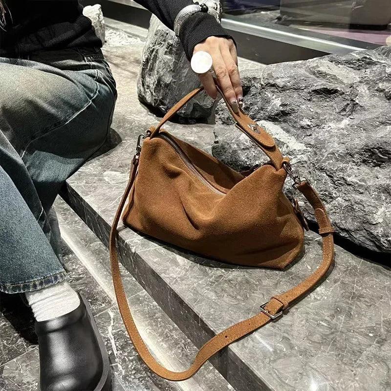 High-End Frosted Cowhide Winter Tote – Matte Coffee Suede Shoulder Bag