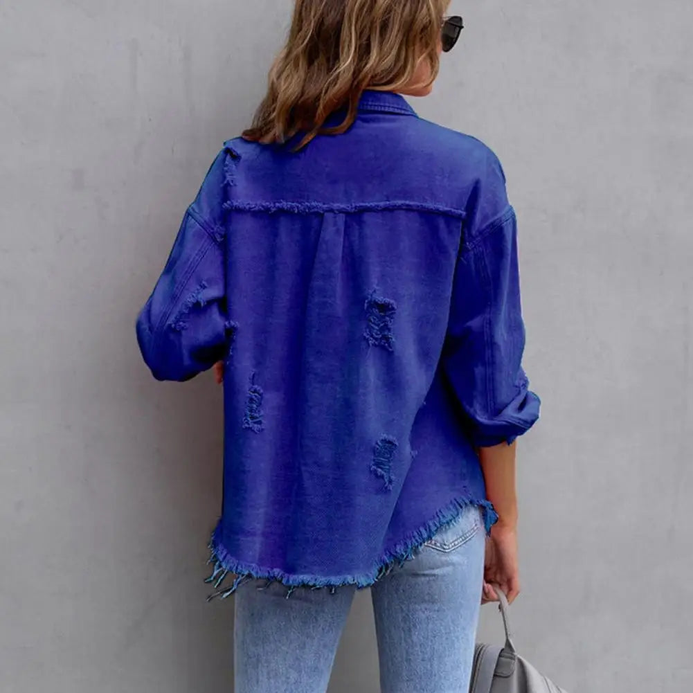 Hip Hop Rough Edges Denim Jacket Ripped Pocket Lapel  Long Sleeve Single-breasted Vintage Jeans Jacket Coat Women Spring Coat