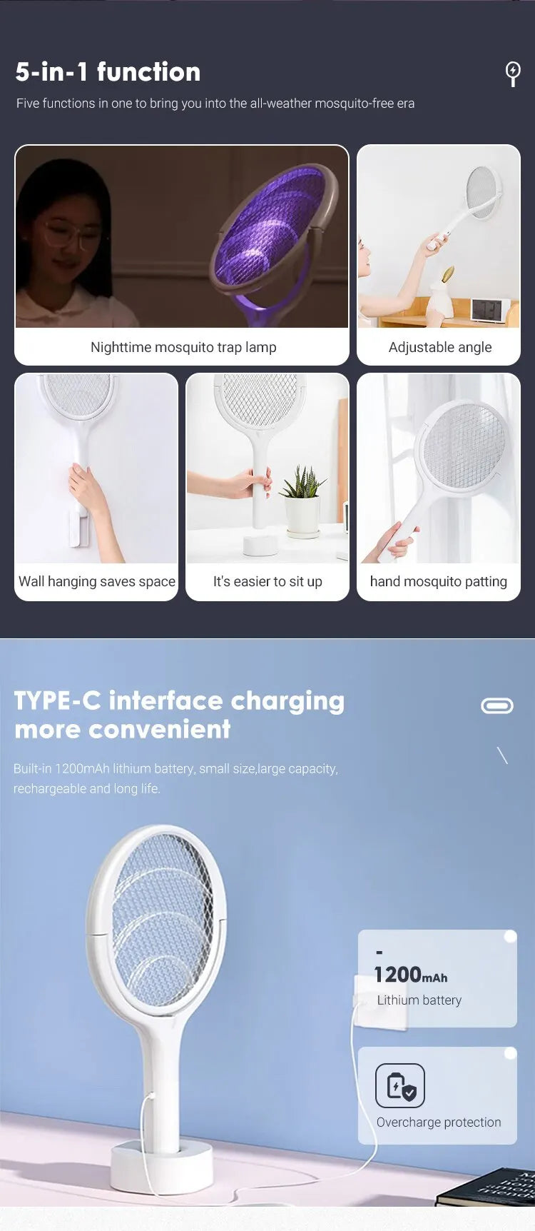 Multi-Function Electric Mosquito Swatter with Fast Charging Lamp