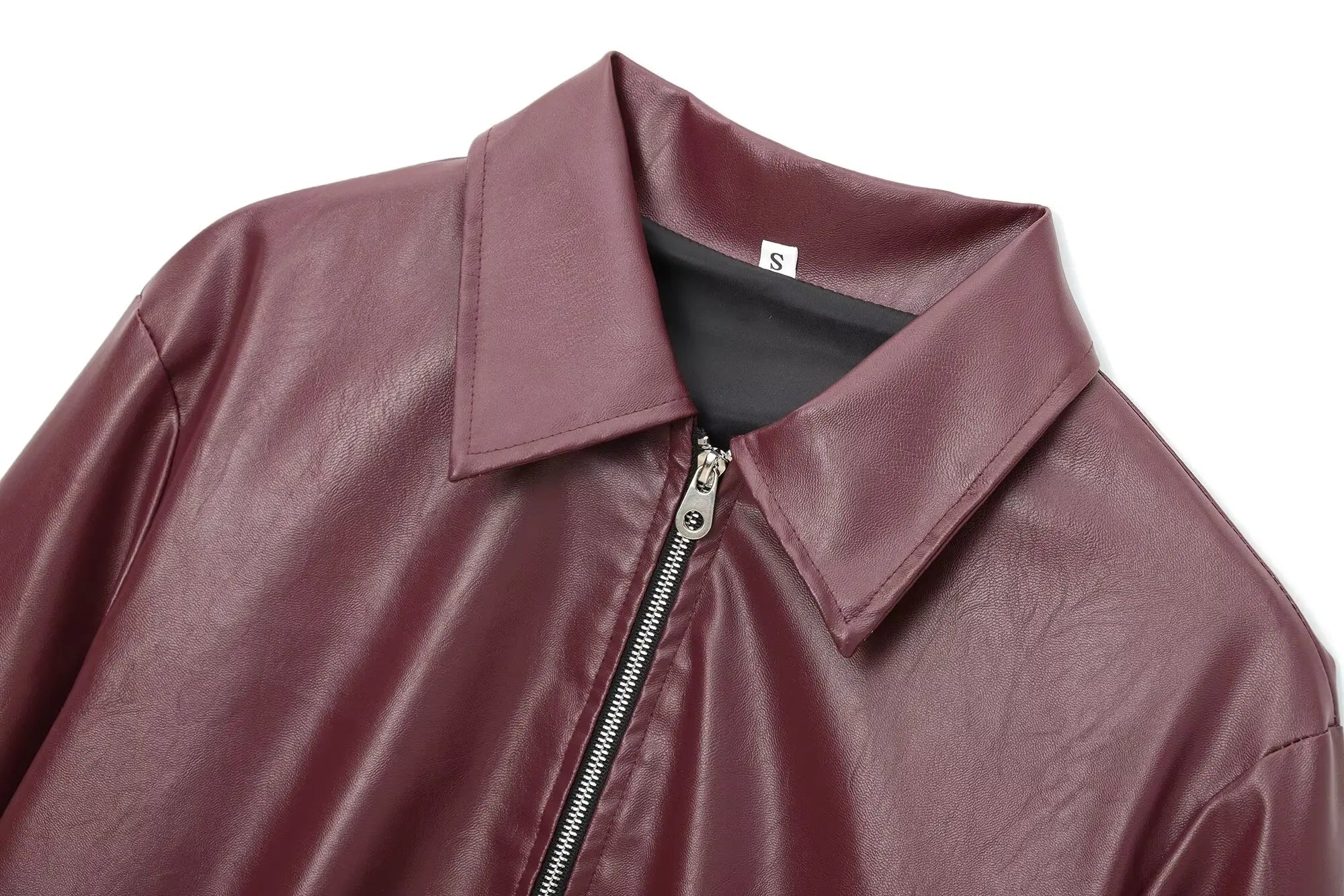 Faux Leather Lapel Jacket with Zipper