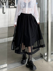 2024 Summer New Japanese Woman Skirts Female A-line Skirt Elastic Waist Solid Big Hem Patchwork Mesh Long Skirt