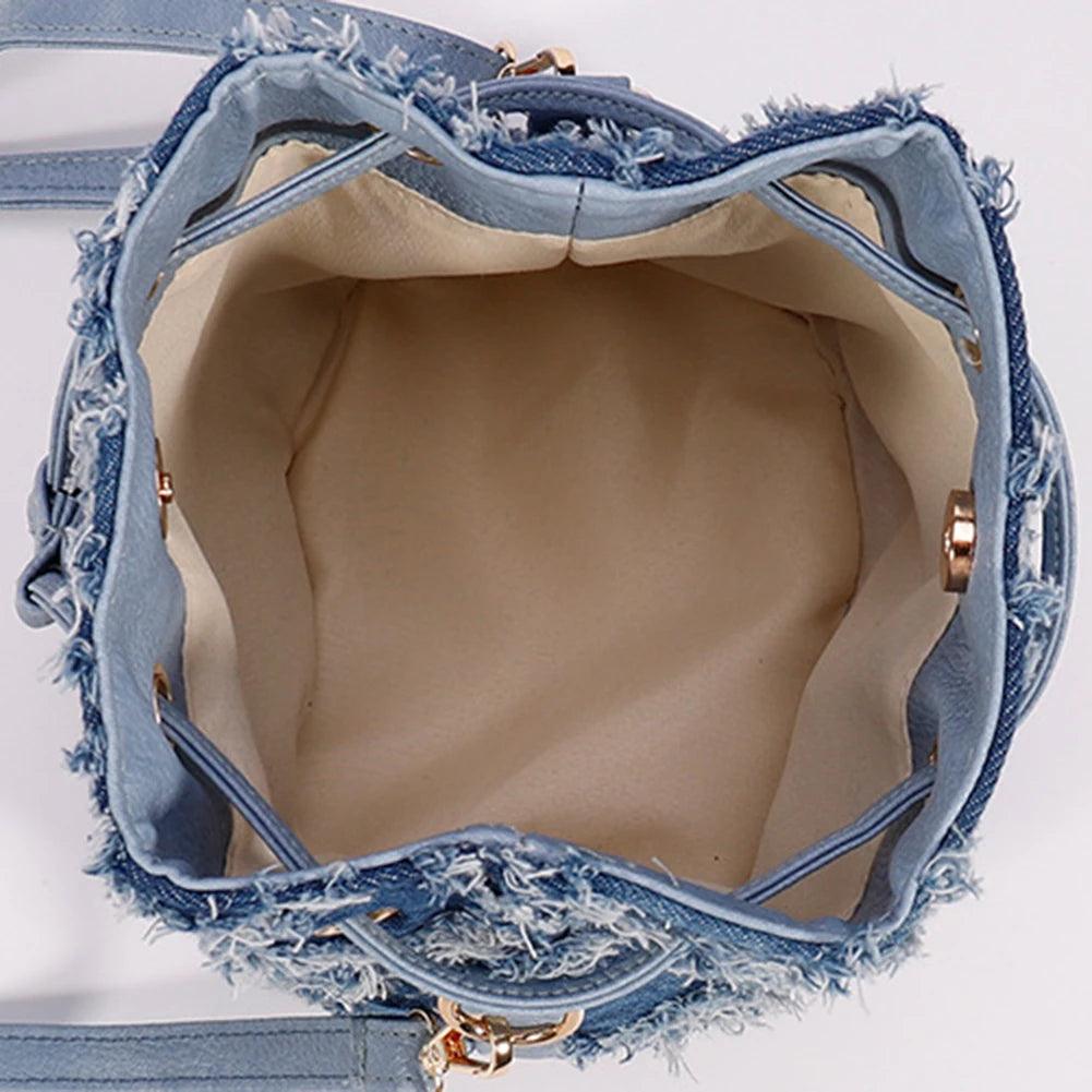 Trendy Denim Bucket Bag with Tassel Detailing - Trendy Mix