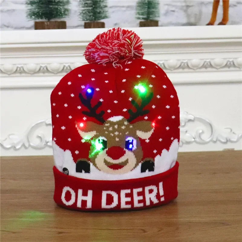 2025 Christmas Hat Santa Claus Hat LED Illuminated Cartoon Pattern Christmas Decorative Knitted Brimless Hat New Year Gift