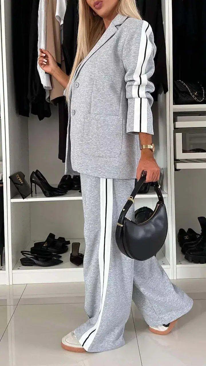 2 Piece Set Women Outfit Winter Fall Fashion V - neck Long Sleeve Blazer Coat Elegant Straight Leg Pant Set Women Sports Clothing - Trendy Mix