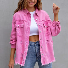 Hip Hop Rough Edges Denim Jacket Ripped Pocket Lapel  Long Sleeve Single-breasted Vintage Jeans Jacket Coat Women Spring Coat