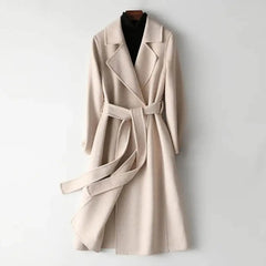 Autumn Winter Women Woolen Coat Lapel Long Sleeve Mid-length Jacket With Belt Solid Color Mid-calf Length Overcoat For Daily