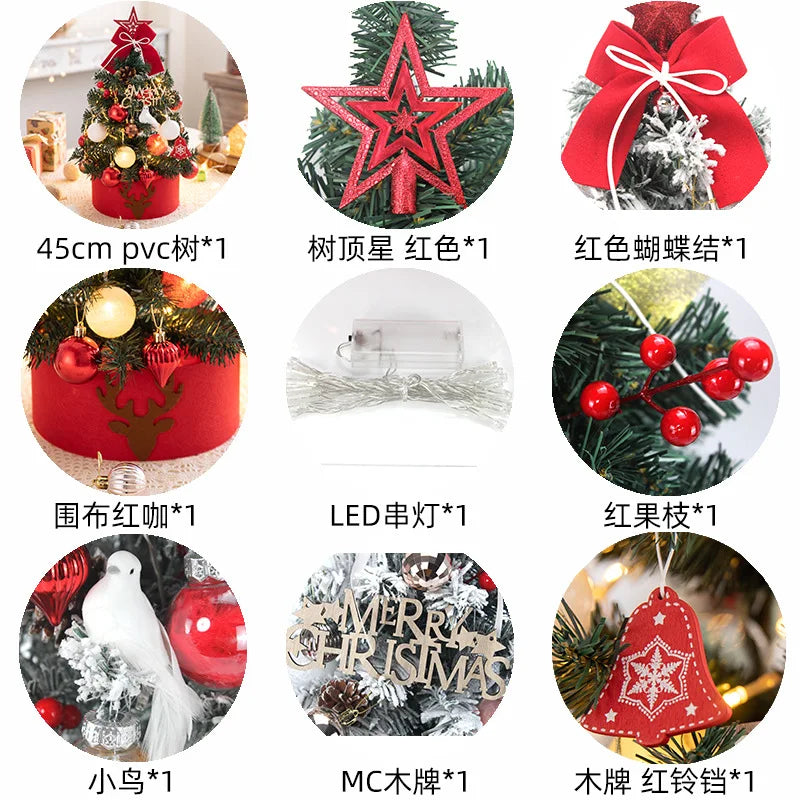 45/60cm Mini Christmas Tree With Lights DIY Desktop Golden Red Christmas Decorations 2024 New Year Home Party Windows Ornaments