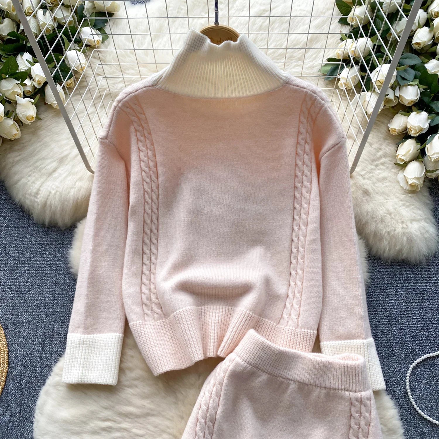 Fashion Street Knitted Two Pieces Suits Women Autumn Winter Turtleneck Loose Pullover Sweater+High Waist Elastic Half Skirt Set