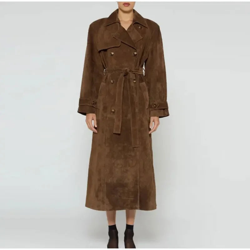 Women Khaki Faux Leather Long Coat With Belt Fashion Double-breasted Lapel Oversize Overcoat Autumn