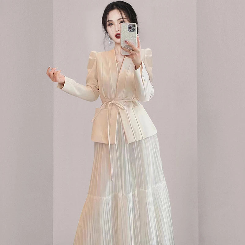 Elegant Spring Office Ladies 2 Piece Set Women V Neck Lace Up Pockets Puff Sleeve Blazer Coat + Mesh Long Pleated Skirt Suits