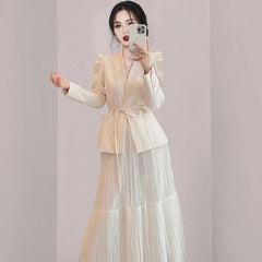 Elegant Spring Office Ladies 2 Piece Set Women V Neck Lace Up Pockets Puff Sleeve Blazer Coat + Mesh Long Pleated Skirt Suits