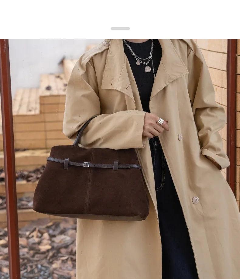 High-Class Camel Suede Leather Tote – Elegant Commuter Briefcase