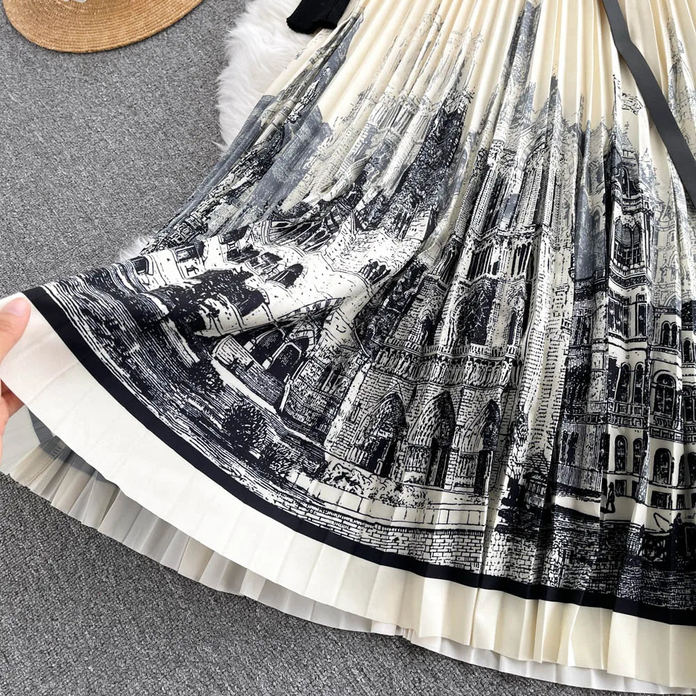 French Style Autumn Winter Inside Dress Fashion Belt Women's Waist Slim A-Line Ink Print Patchwork Knitted Pleated Skirt