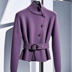 High End Turtleneck Wool Knit Sweater Cashmere Cardigan Soft Purple Knitwear Belt