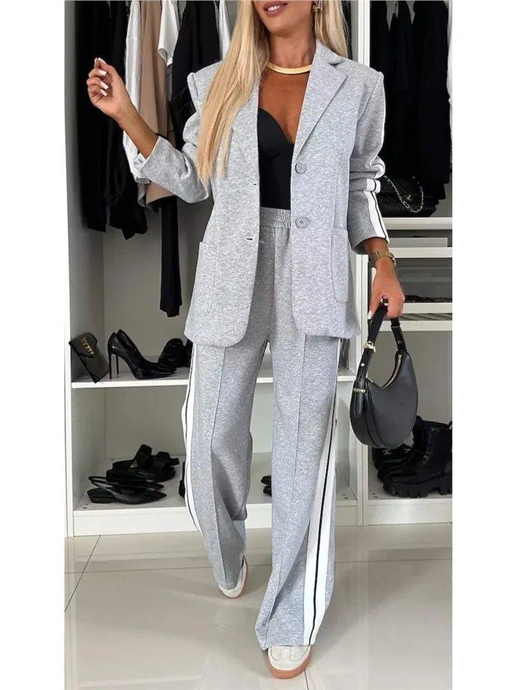 2 Piece Set Women Outfit Winter Fall Fashion V - neck Long Sleeve Blazer Coat Elegant Straight Leg Pant Set Women Sports Clothing - Trendy Mix