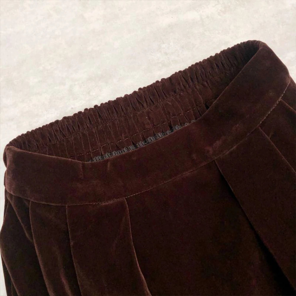 Korean Solid Color Velvet Skirts High Waist Women's Autumn Winter Skirts Pockets Side A Line Pleated Skirts