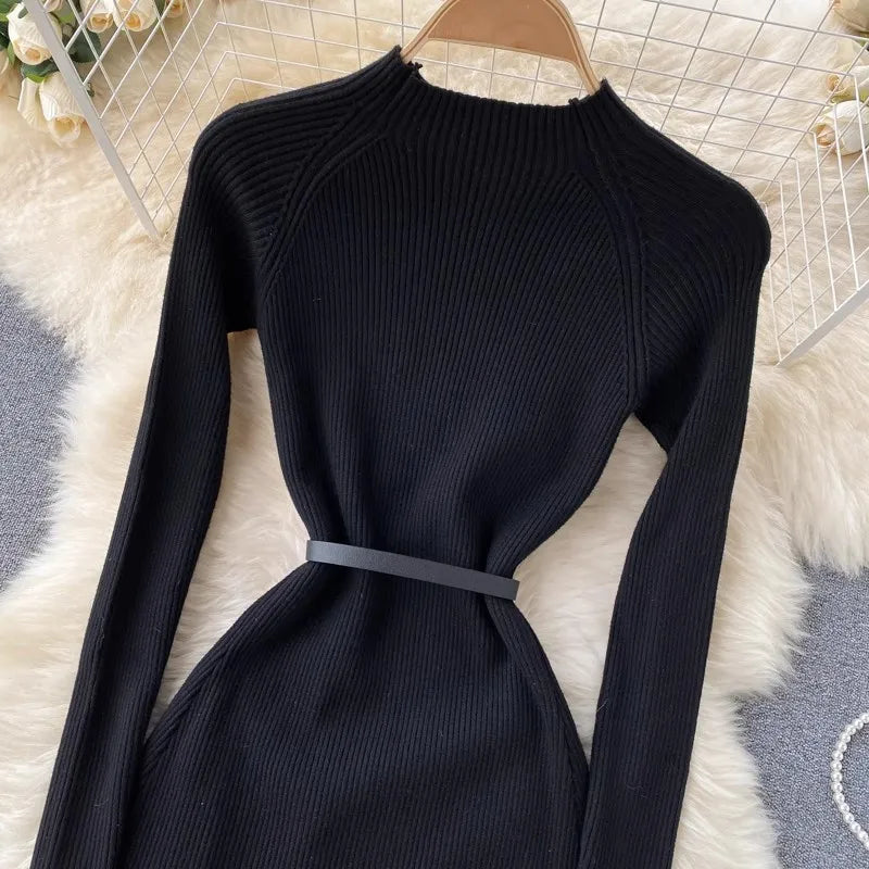 French Retro Autumn Winter Knitted Gradient Patchwork Long Sleeve Pleated Dress For Women O Neck Print Sweater Vestido With Belt