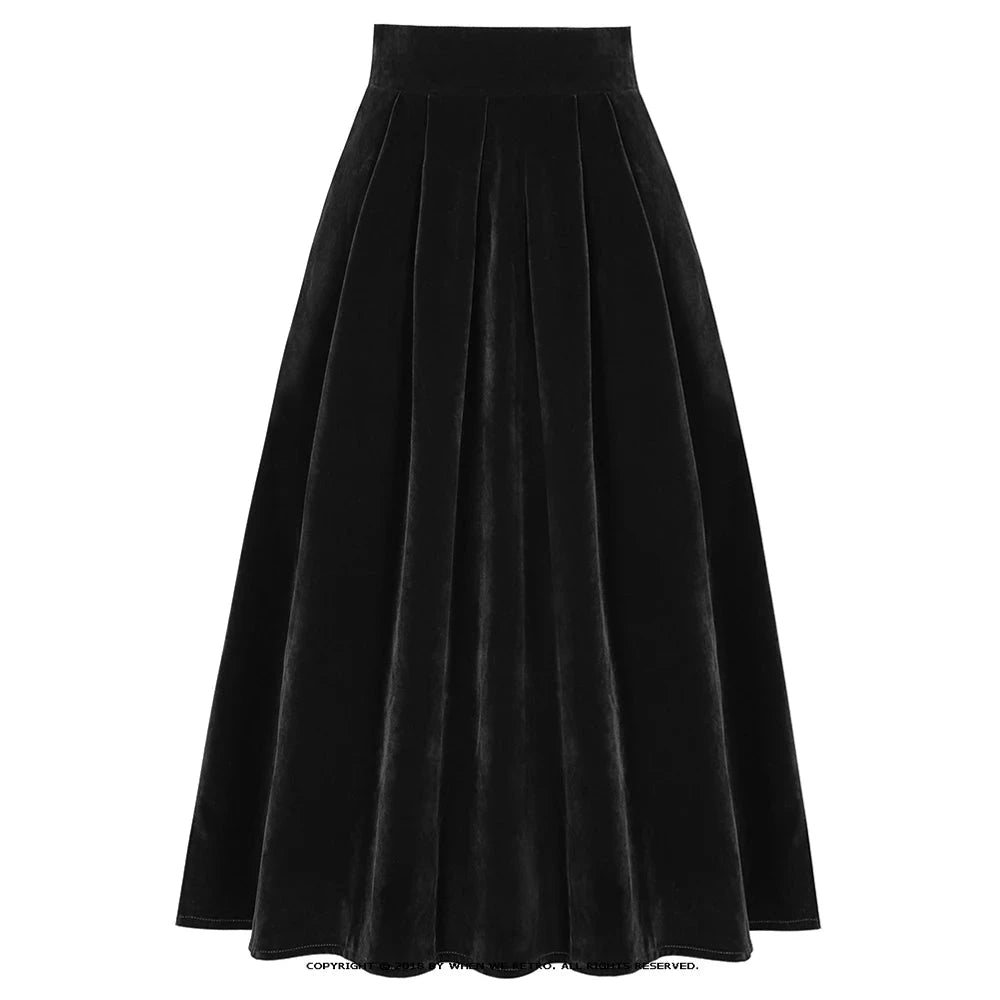 Korean Solid Color Velvet Skirts High Waist Women's Autumn Winter Skirts Pockets Side A Line Pleated Skirts