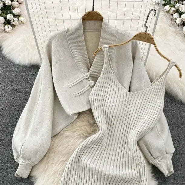 Solid Color Knitwear Set Lace up New Chinese Knitted Cardigan Women Sweater Coat Camisole Dress Two Piece Set Women Outfits