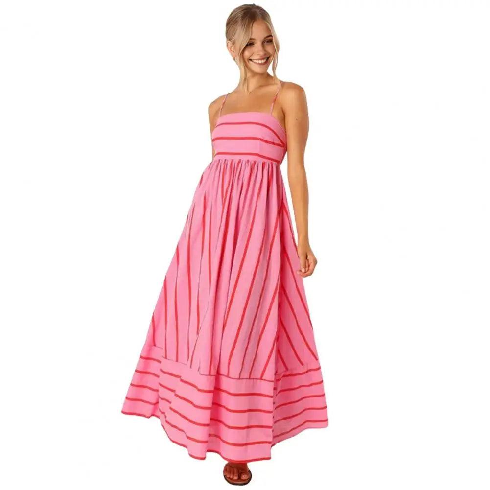 Chic Striped Backless Maxi Sundress with A-line Silhouette for Summer Beach Getaways - Trendy Mix