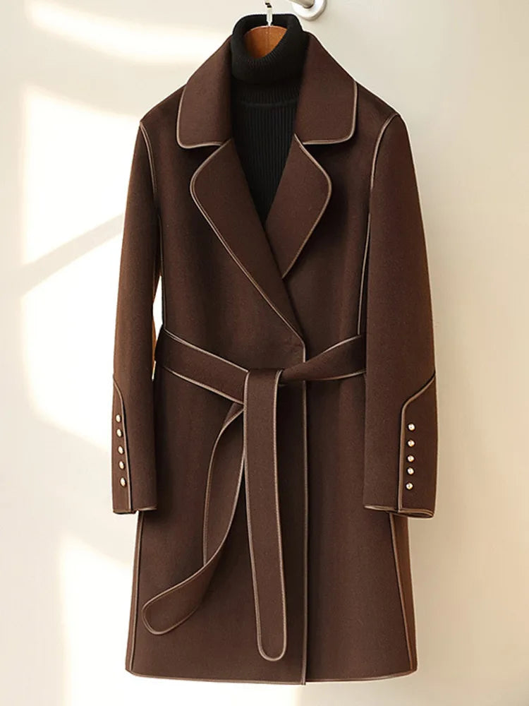 2024 Winter New Wool Coats For Women Lapel Long Sleeves Belt Coats Office Lady Fashion