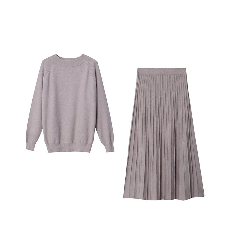 Fall and Winter Women Knitted Suit Fashion Commuter Knit Pullover Sweater Elastic Waist Pleated Long Skirt 2pcs Matching Set