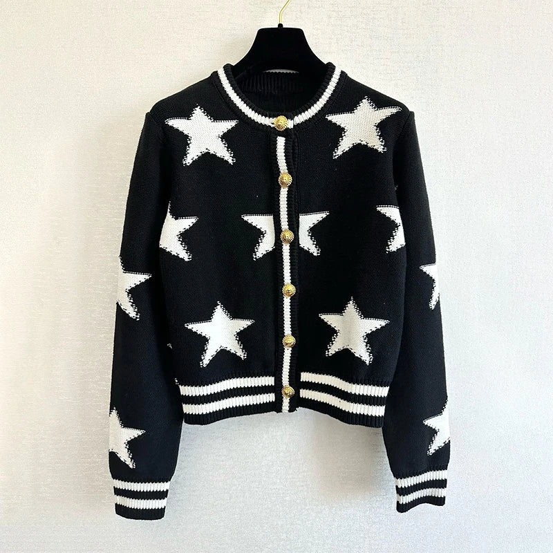 New 2024 Spring Knit Cardigan Star Jacquard Coat Women Sweater Luxury Design Iconic Lion Gold Button Femme Clothing Buckle Tops