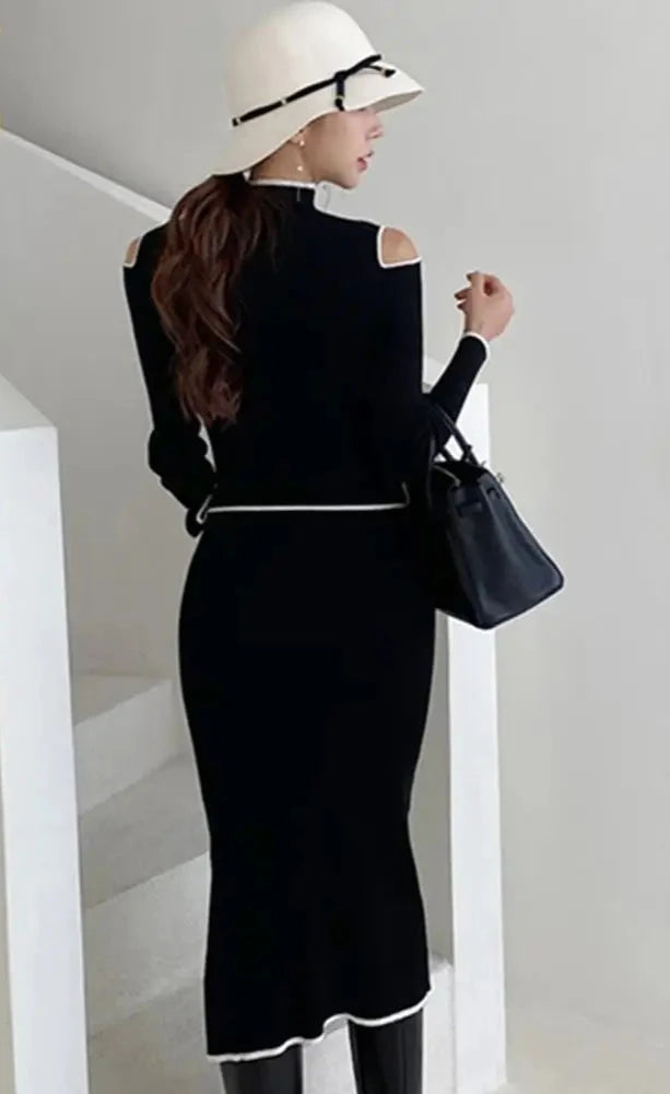 Autumn Elegant OL Lace up Strapless Elastic Knit Pullover Sweater Long Dress Black Sheath Pencil Knitted Dresses